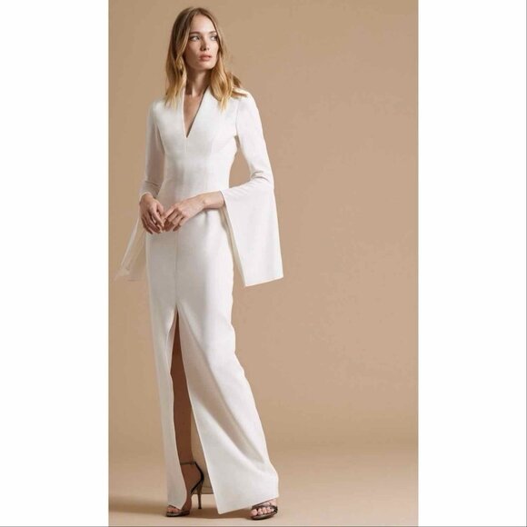 Halston Flounce Sleeve Crepe Gown Dress Maxi Navy Blue Size 14 Retail $425 - Picture 11 of 11